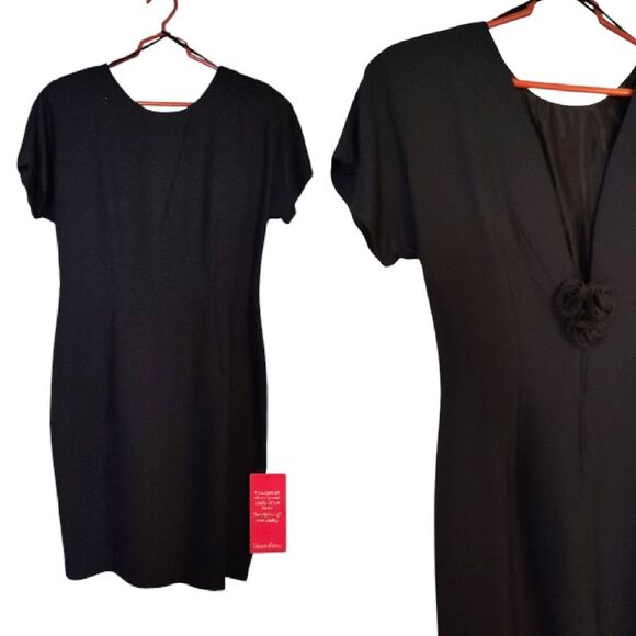 VTG Black Low Back Rosette Midi Sheath Dress Deadstock Size 14 *Fits like Large - Picture 1 of 15